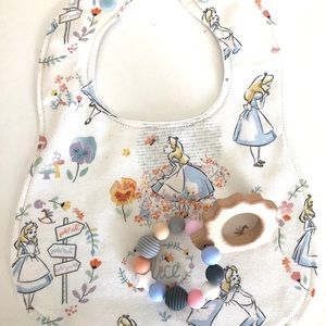 Handmade Bib and Wooden Teething Ring Set